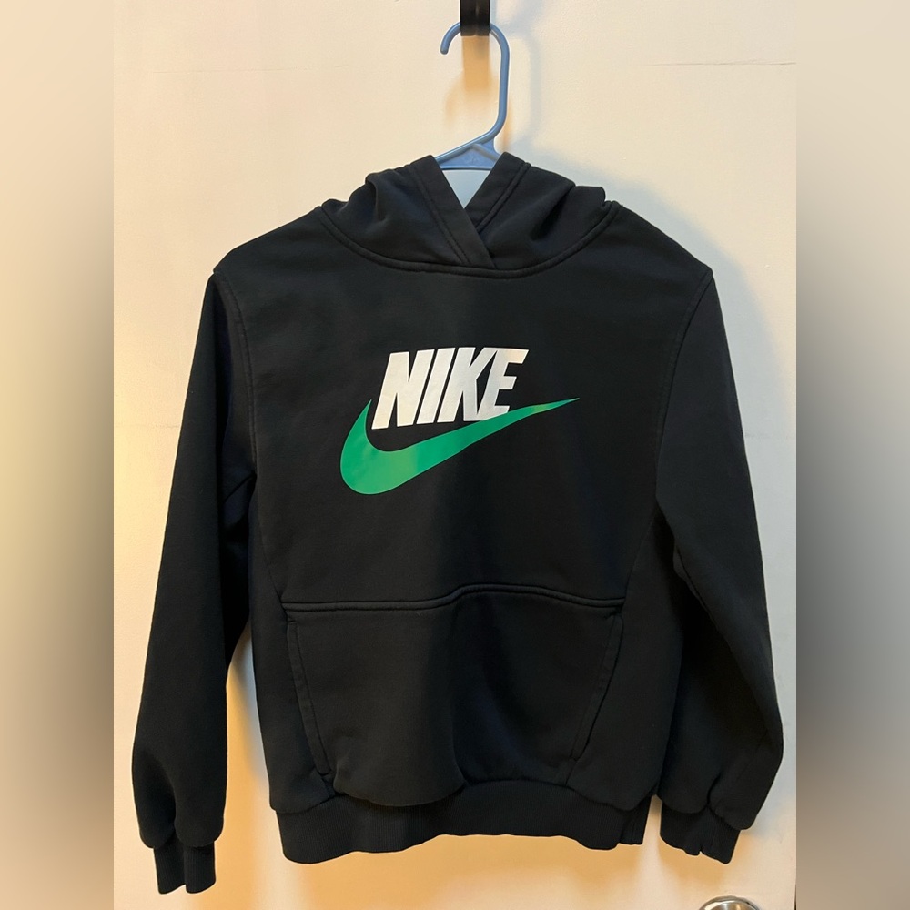 Nike Kids Black Hoodie with Vibrant Green Swoosh